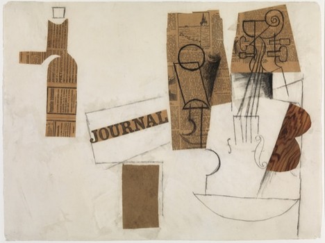The exhibit draws together works held by more than 30 international institutions — including sculpture, painting, photography and collage, such as 'Siphon, Glass, Newspaper, and Violin,' circa 1912.